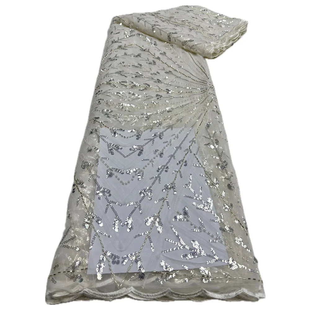 African Heavy Beaded Lace Fabric 2025 High Quality 5 Yards Nigerian Sequins Tulle 3D Fabric Material For Wedding