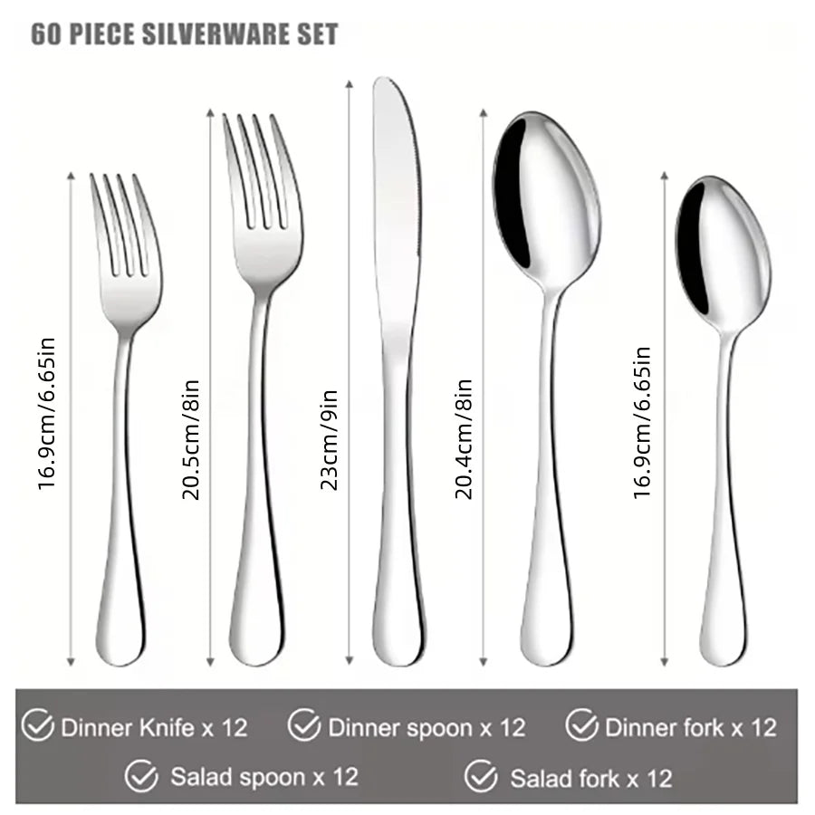 60Pcs Silverware Set Service for 12 Stainless Steel Flatware Cutlery Set Mirror Polished Flatware Set Include Forks Spoons Knive