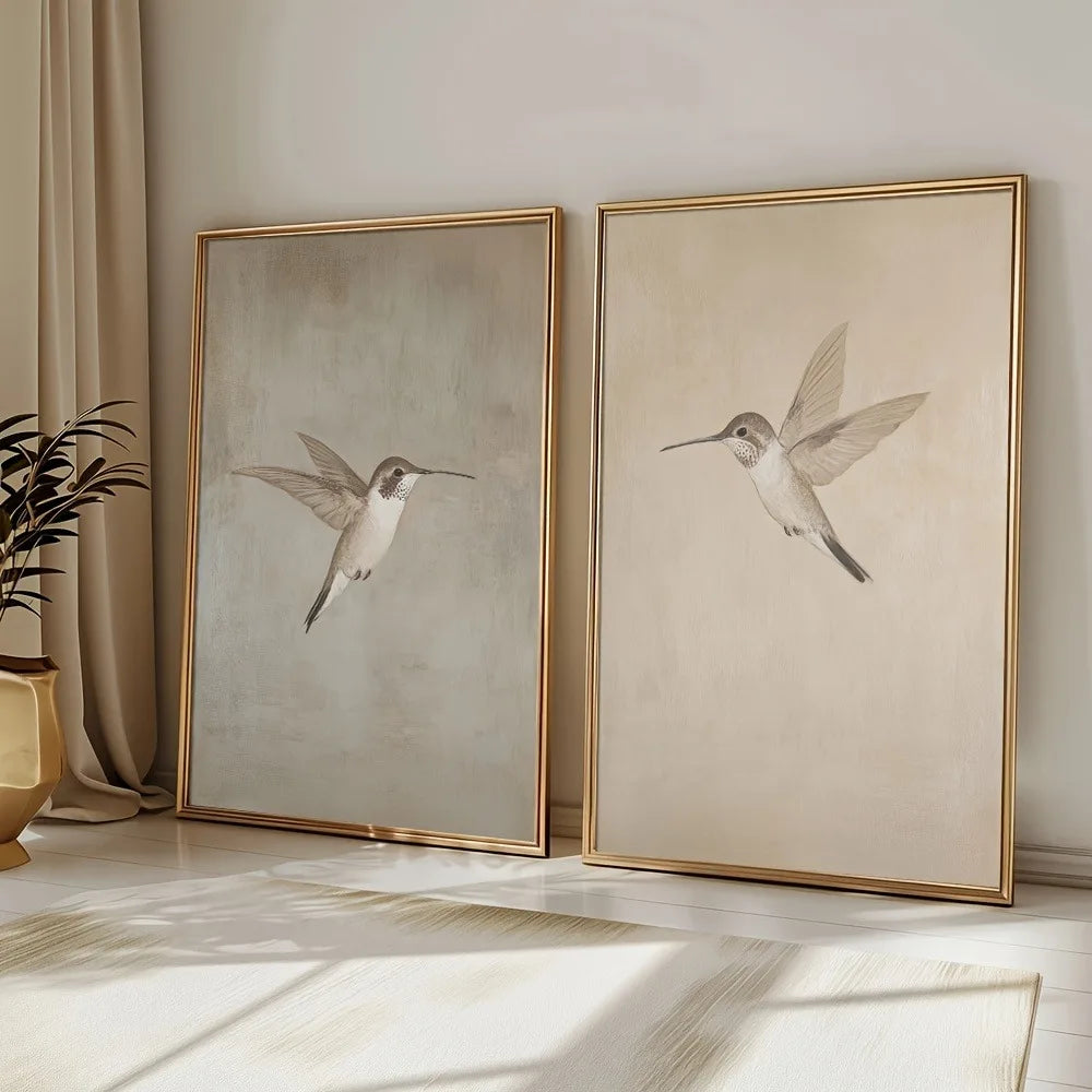 2 Pcs Frameless Retro Hummingbird Wall Art Canvas Posters Simple Retro Bird Farmhouse Decor Country Painting Apartment Decor