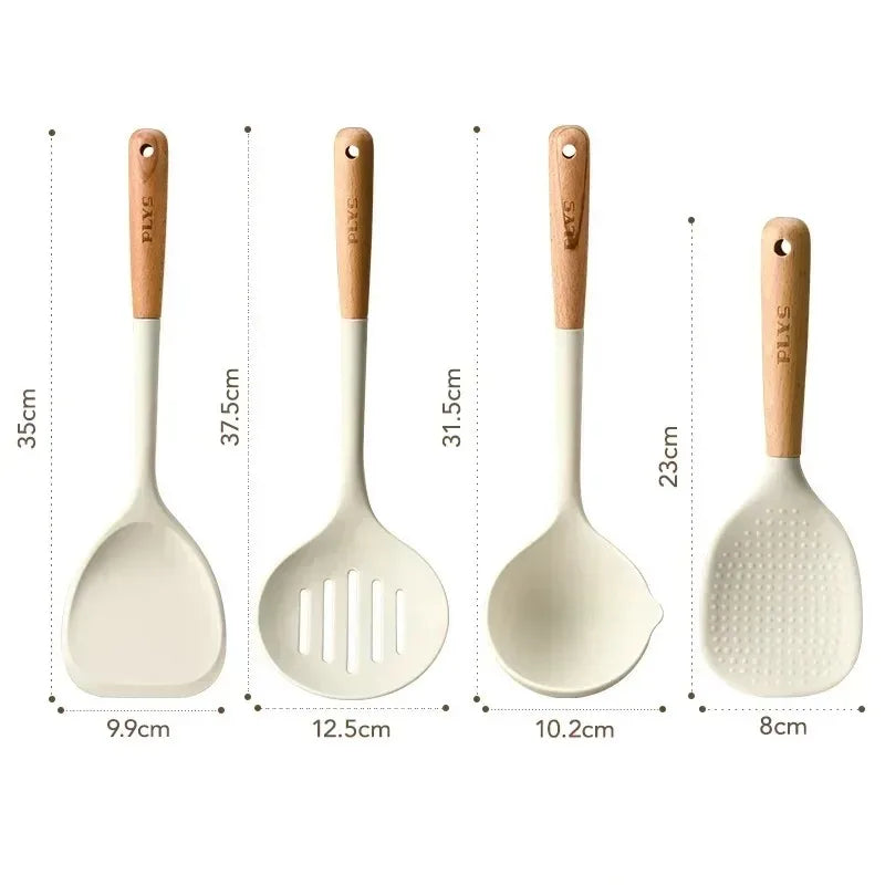Silicone kitchenware set, durable hardwood handle, heat resistant tools, non-stick pan long handle porridge spoon Sieve Spatula