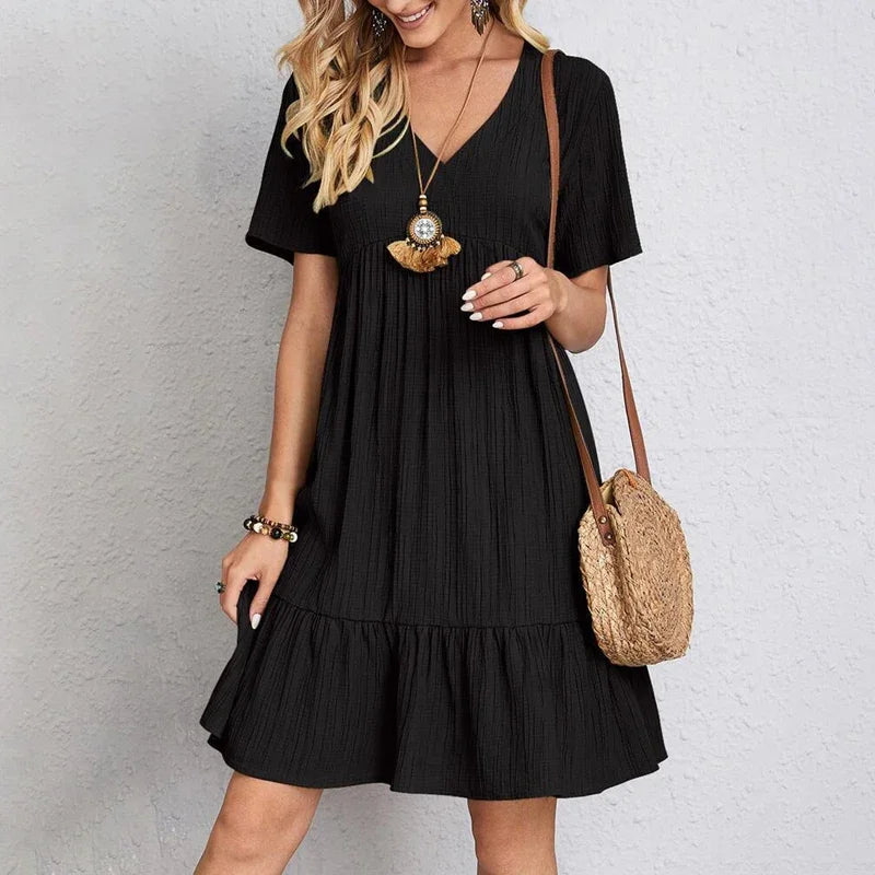 V-neck Short Sleeved Pleated Women Dress
