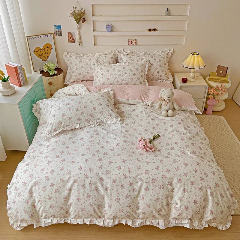Pastoral Floral Lace Ruffles Bedding Set