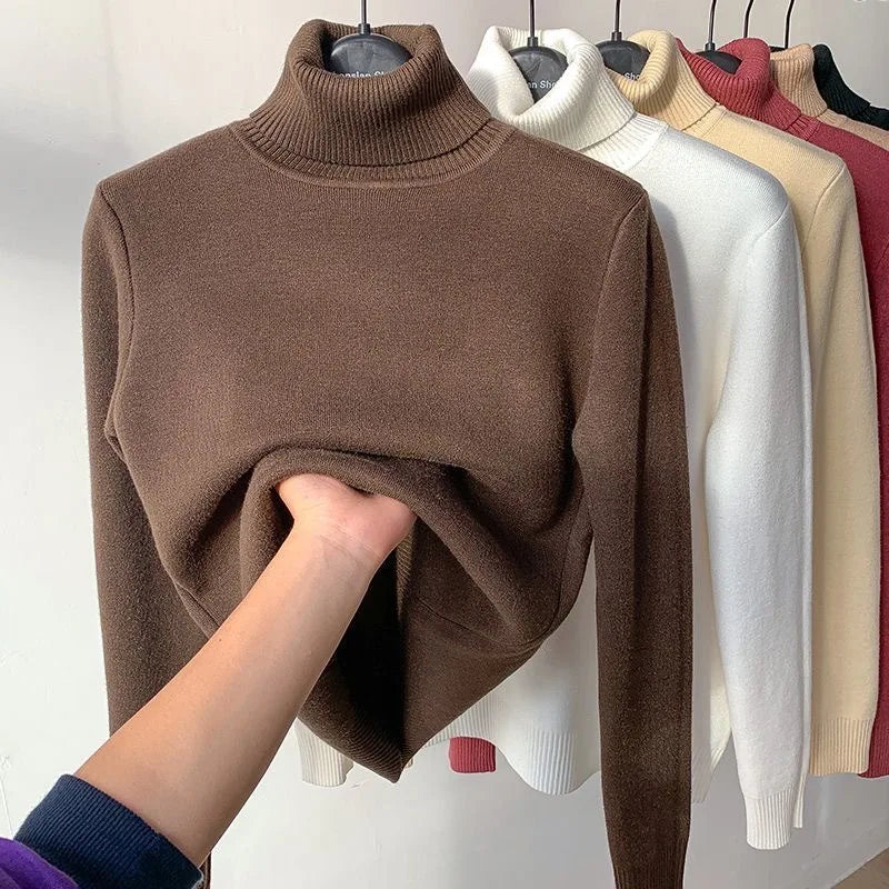 Women Elegant Thicken Velvet Lined Warm Knitted Top