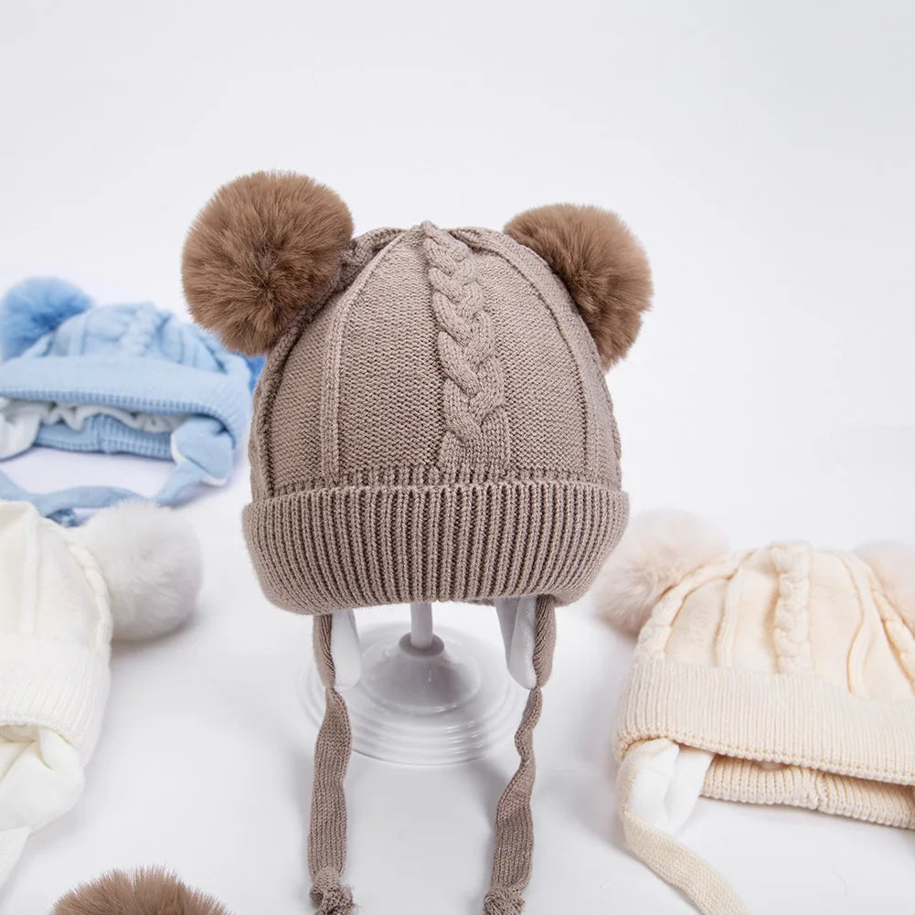 Cute Bear Ear puff Textured Knit Hats