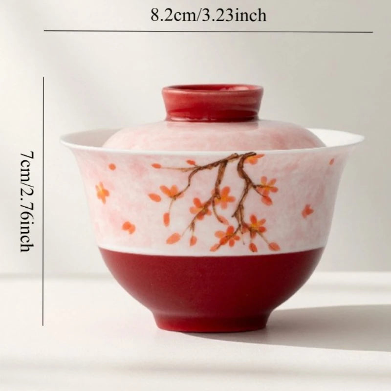 Red plum blossom hand-painted cover bowl Household brewing tea bowl Kung Fu tea set Guochao ceramic thin tire cover bowl