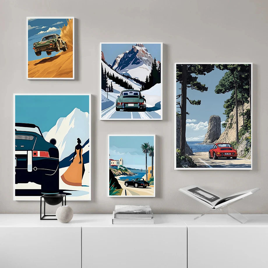 Classic Porsche 911 Alpine Drive Poster Retro Alpine Trip Cartoon Prints Canvas Painting Wall Art Picture Home Living Room Decor