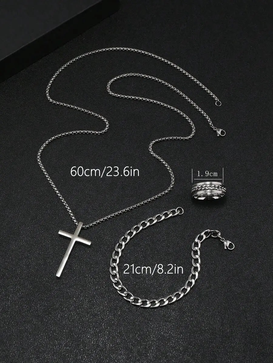 Dark Cross Block Necklace Pendant Bracelet Ring Set