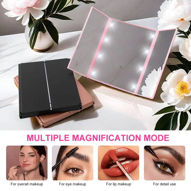 Portable Three-Sided LED Makeup Mirror