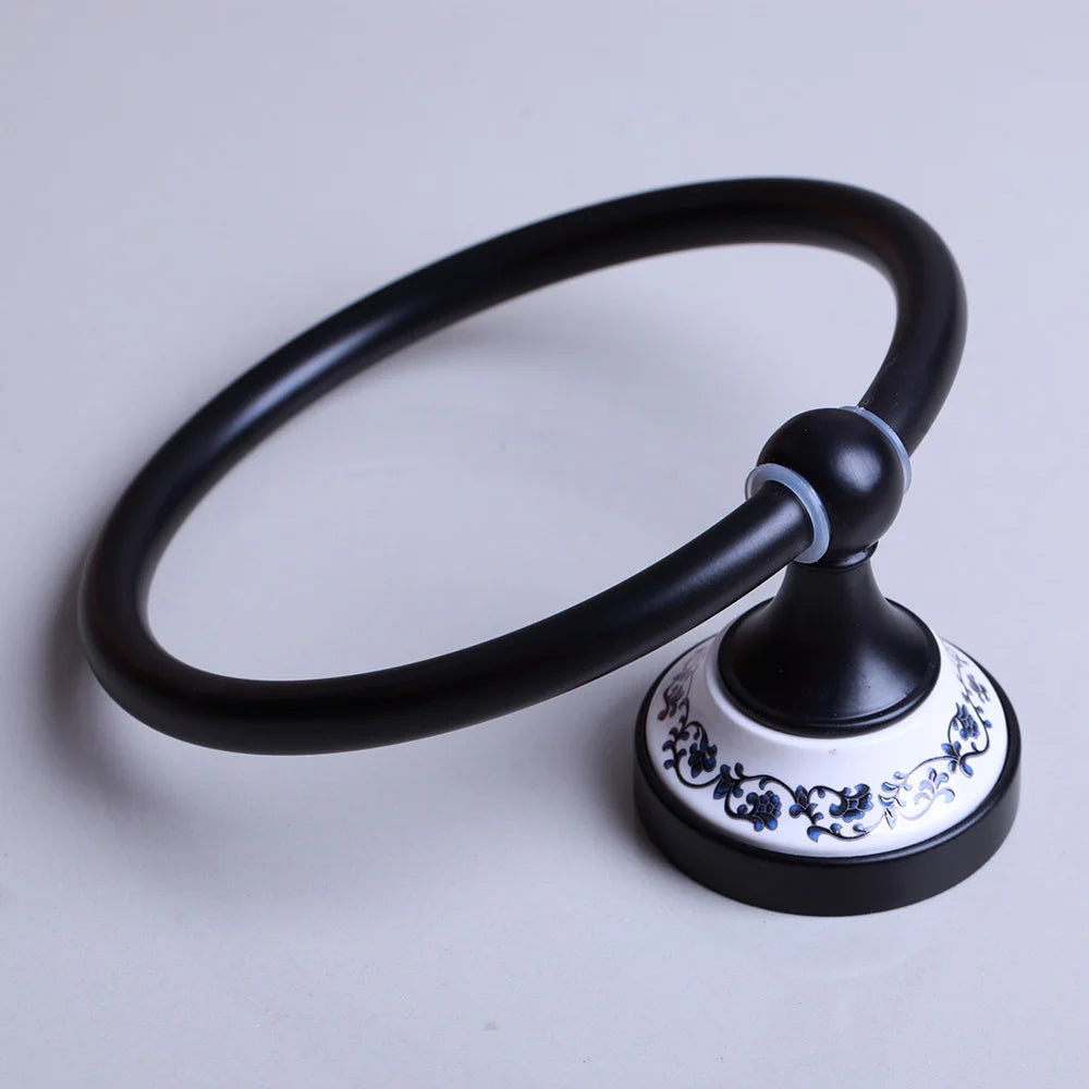 JIENI Wall Mounted Matte Black Washroom Bathroom Accessories Towel Ring Rack Paper Holder Toilet Brush Holder Frosted Glass Cup