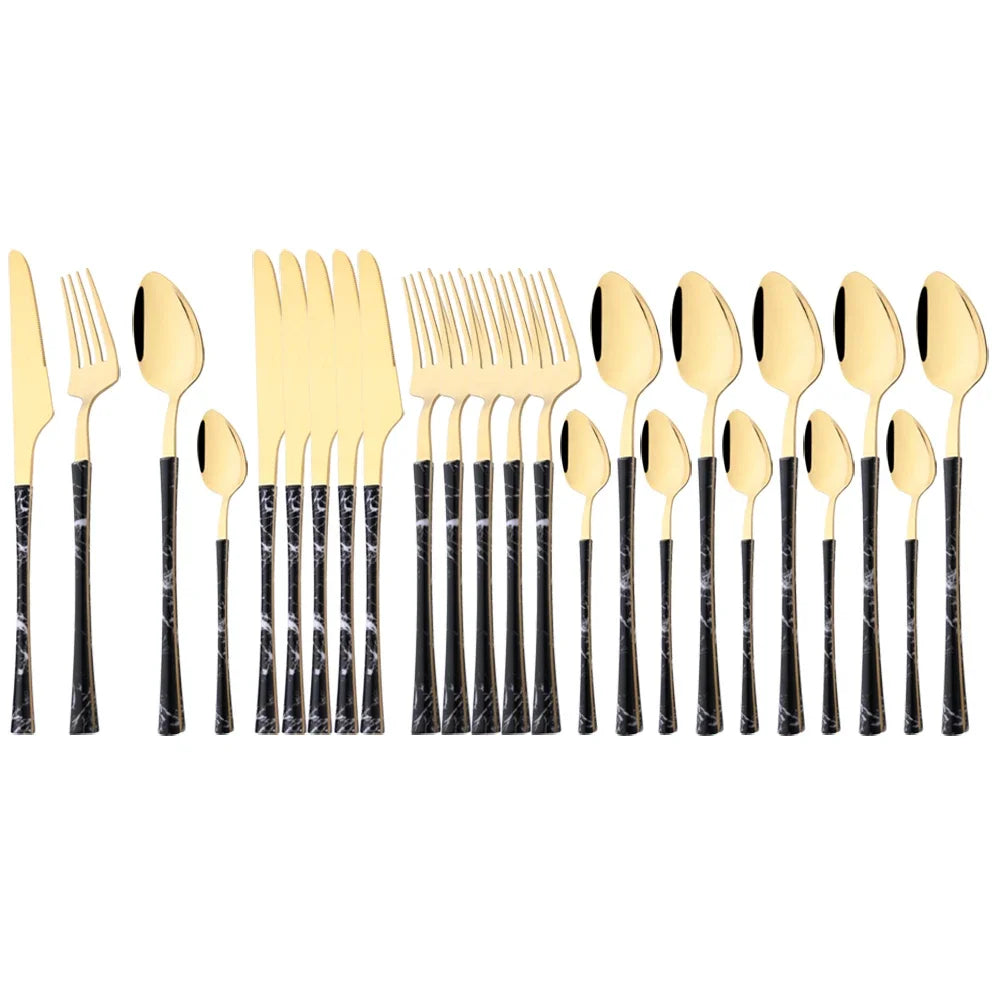 24/30Pcs Imitation Wooden Handle Dinnerware Cutlery Set Stainless Steel Tableware Western Knife Fork Spoons Silverware Flatware
