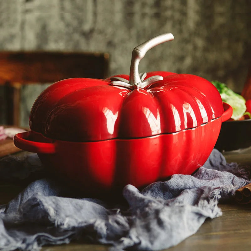 Tomato Red Enameled Cast Iron Pot Commercial-Grade Flat Bottom Soup Pot for Braising Stir-Fry Kitchen & Restaurant Cookware