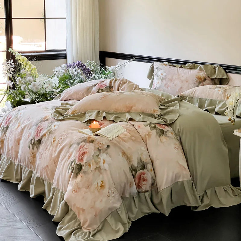 Vintage Flowers Print Ruffle Bedding Set