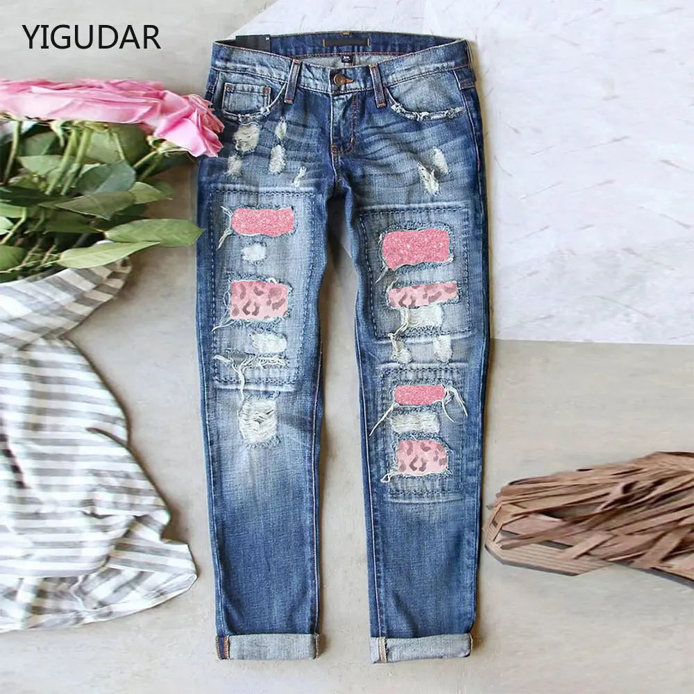 Women Cargo Fashion Ripped Plaid Patch Denim Pant