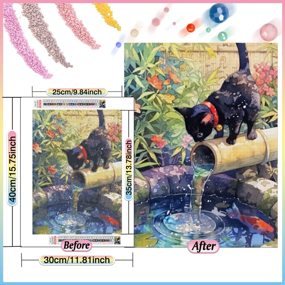 HUACAN 5D DIY Diamond Mosaic Bamboo Water Cat Animal Full Square Round Diamond Painting Kits Living Room Art Craft