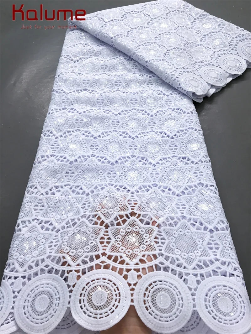 White African Guipure Cord Lace Fabric with Sequins 2025 High Quality Nigerian Guipure Cord Lace for Sewing Wedding Dress F4025