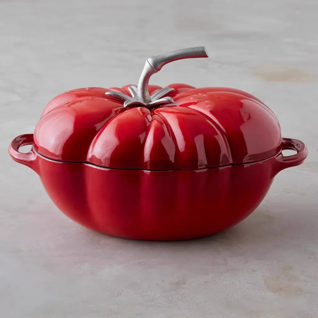 Tomato Red Enameled Cast Iron Pot Commercial-Grade Flat Bottom Soup Pot for Braising Stir-Fry Kitchen & Restaurant Cookware