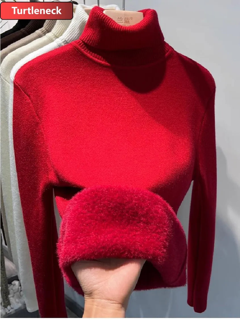 Women Elegant Thicken Velvet Lined Warm Knitted Top