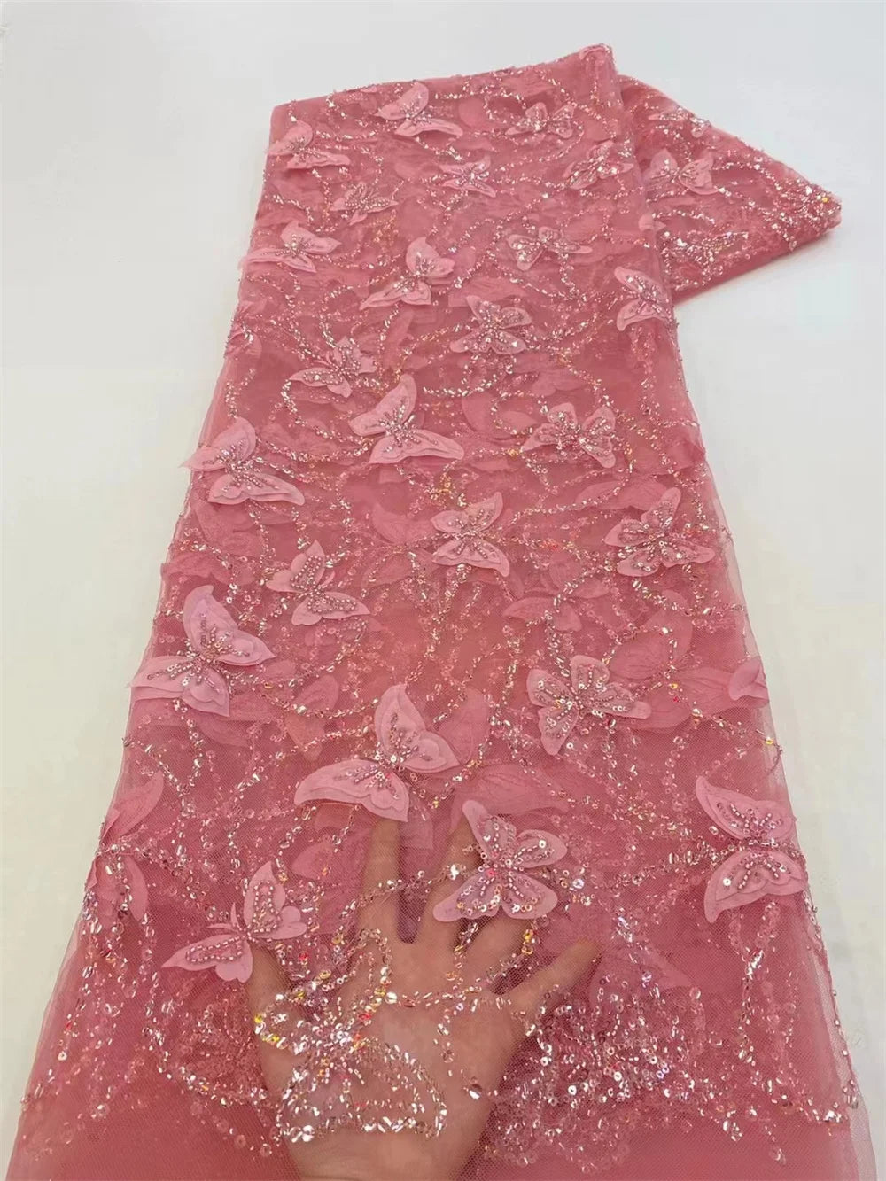 African Heavy Beaded Lace Fabric 2025 High Quality 5 Yards Nigerian Sequins Tulle 3D Fabric Material For Wedding