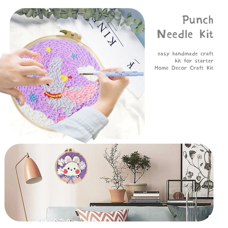 20cm Punch Embroidery Starter Kits Children's hand embroidery kit Beginners DIY Needlework Wool Punch Needle Poke Embroidery Kit
