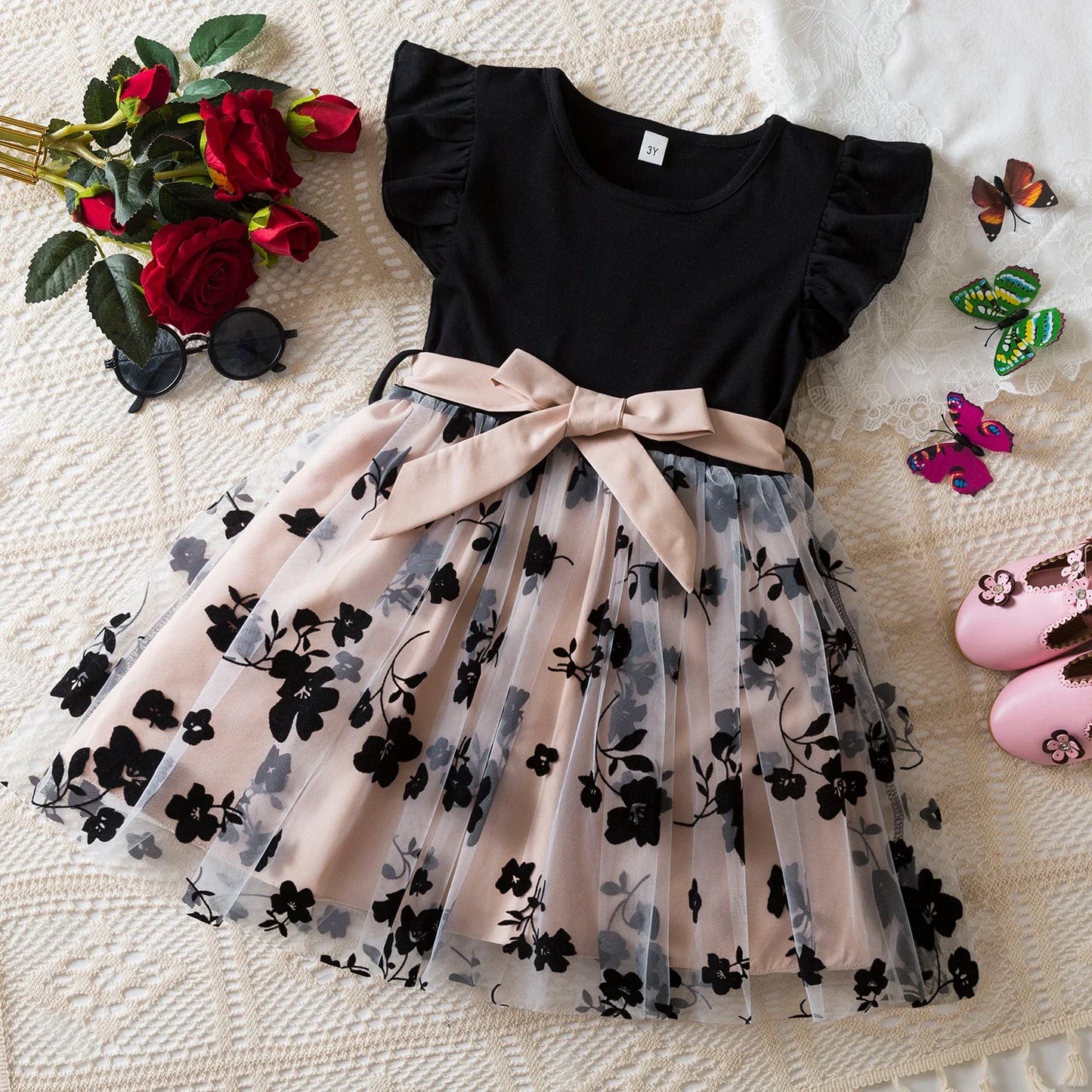 Black Rose Flower Ruffles Elegant Princess Dress