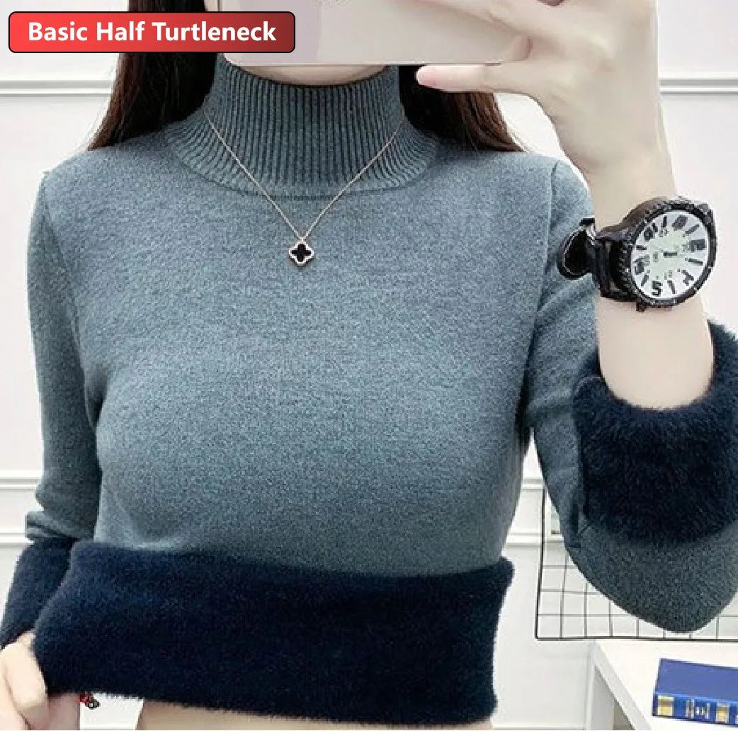 Women Elegant Thicken Velvet Lined Warm Knitted Top