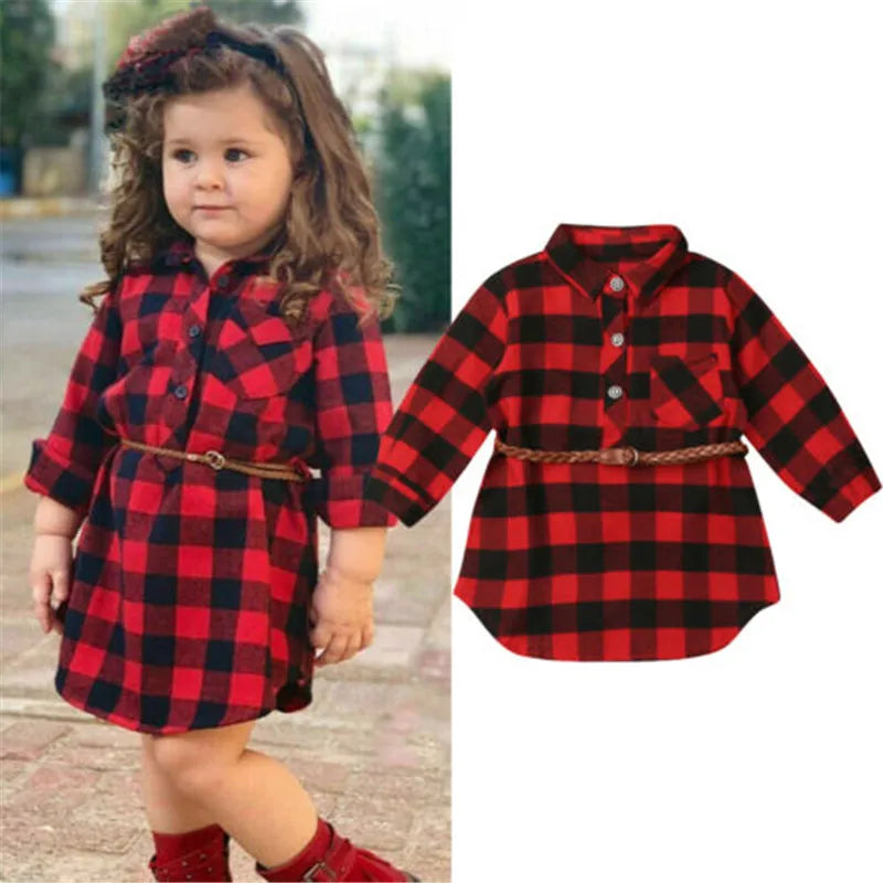 Plaid Christmas T-Shirt Kids Blouse Dress + Twist Belt