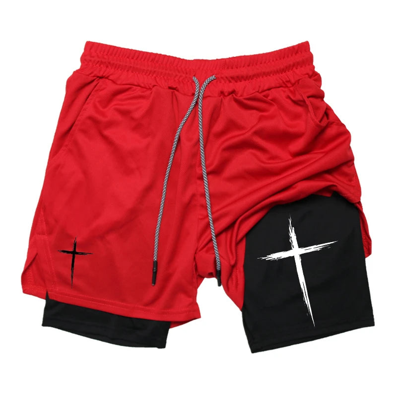 Men's Cross Print 2 in 1 Performance Shorts with Phone Pocket