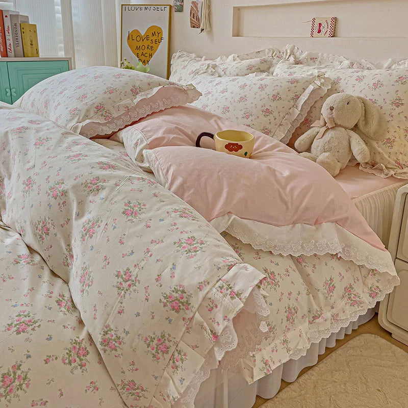 Pastoral Floral Lace Ruffles Bedding Set
