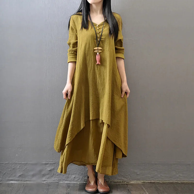 Loose Long Sleeve Cotton Artistic Style Two-Piece Gown