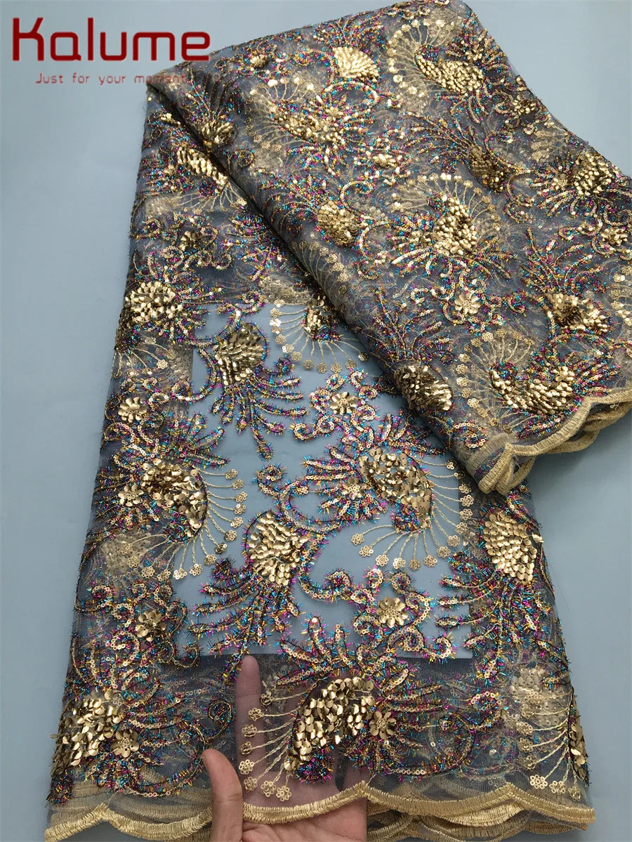 Kalume 2025 African Lace Fabric Sequins Nigerian Mesh Lace Fabric Sequins 5 Yards High Quality For Party Wedding Dress F3811