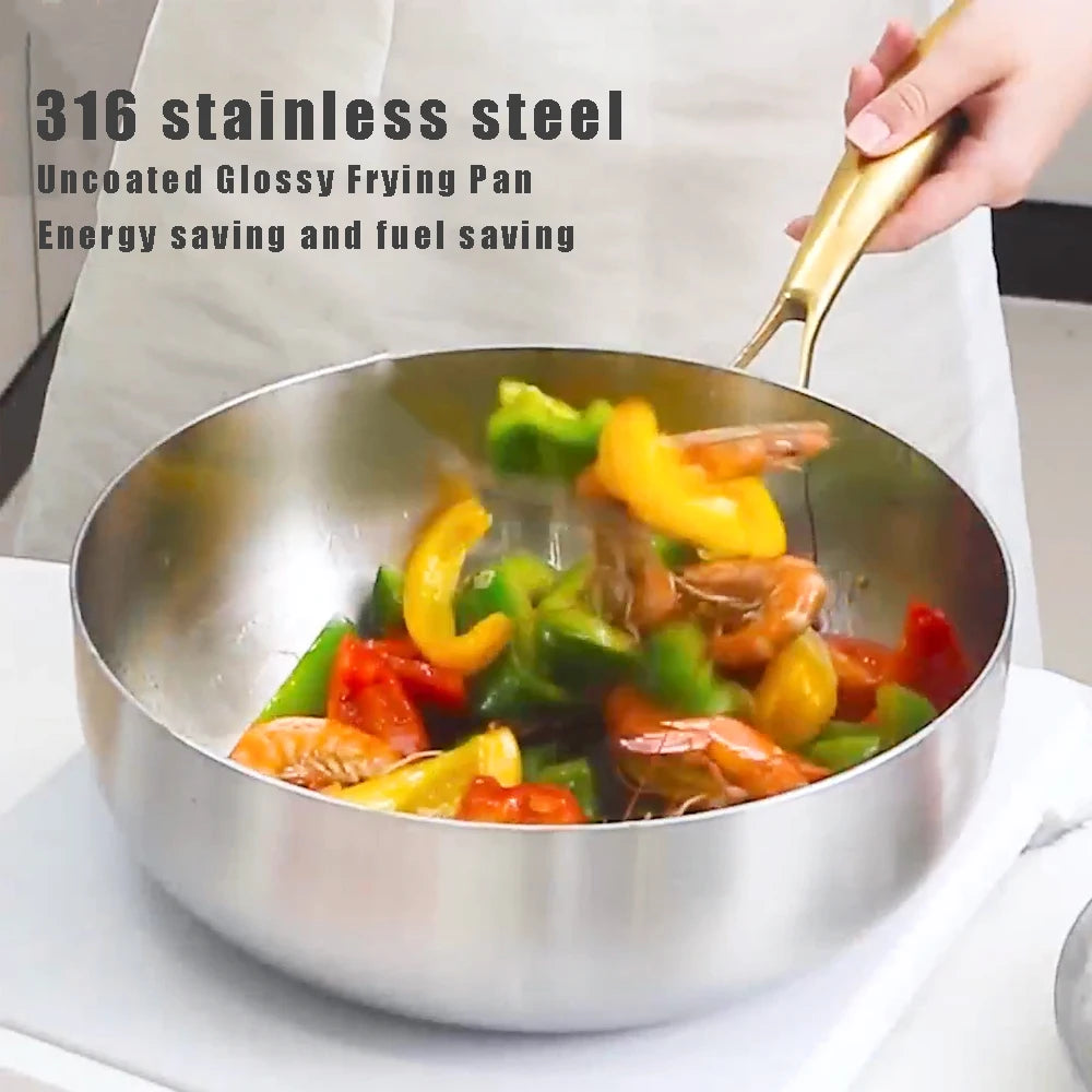 316 Stainless Steel Frying Pan Deepened Wok Non-Stick Skillets Steak Gas Stove Induction Cooker Universal Pan Kitchen Cookware