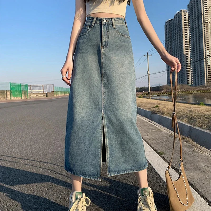 New Slit Denim Hip-covering Straight Long Skirt