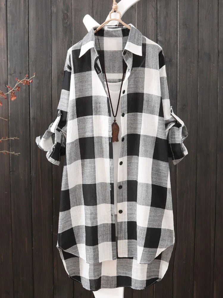 Women's Plaid Cotton Shirt Chic Women Elegant Blouse