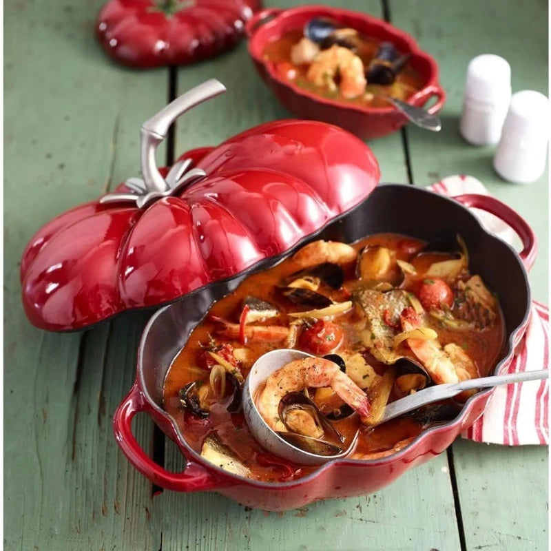 Tomato Red Enameled Cast Iron Pot Commercial-Grade Flat Bottom Soup Pot for Braising Stir-Fry Kitchen & Restaurant Cookware