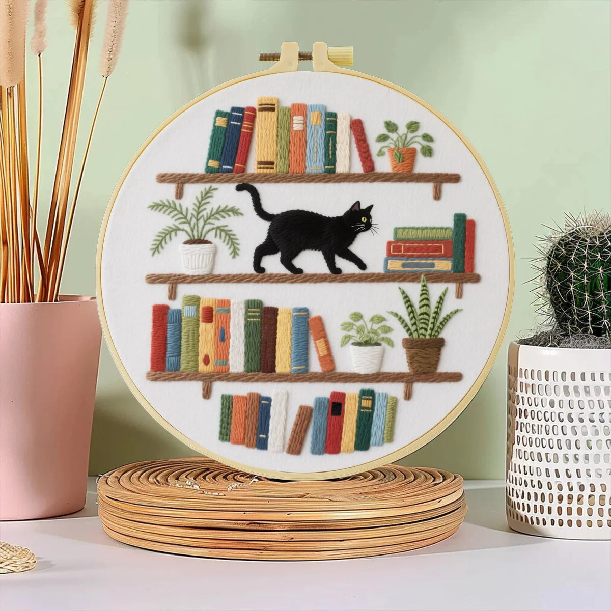 1pc 20X20CM/7.87inch The cat on the bookshelf Embroidery Starter Kit DIY kit Home Decor Needle Art Sewing Art