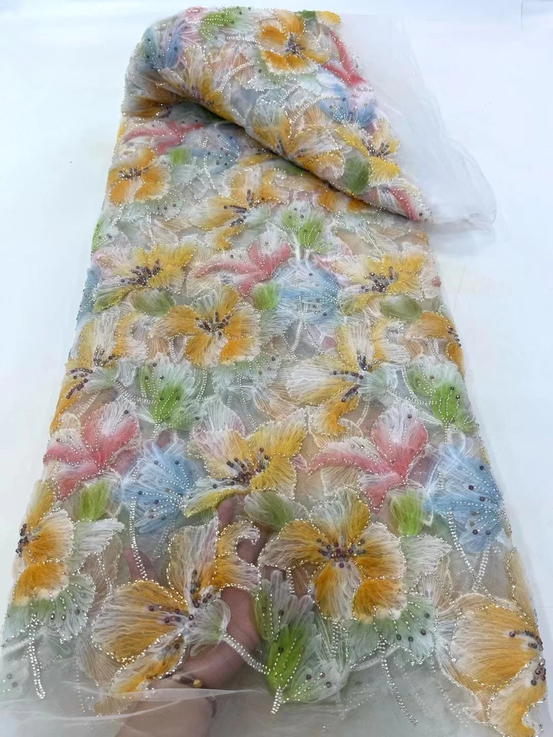 Latest 3D Flower Embroidery Beads Sequins African Lace Fabric 5 yards High Quality Nigerian Women Wedding French Material 2025