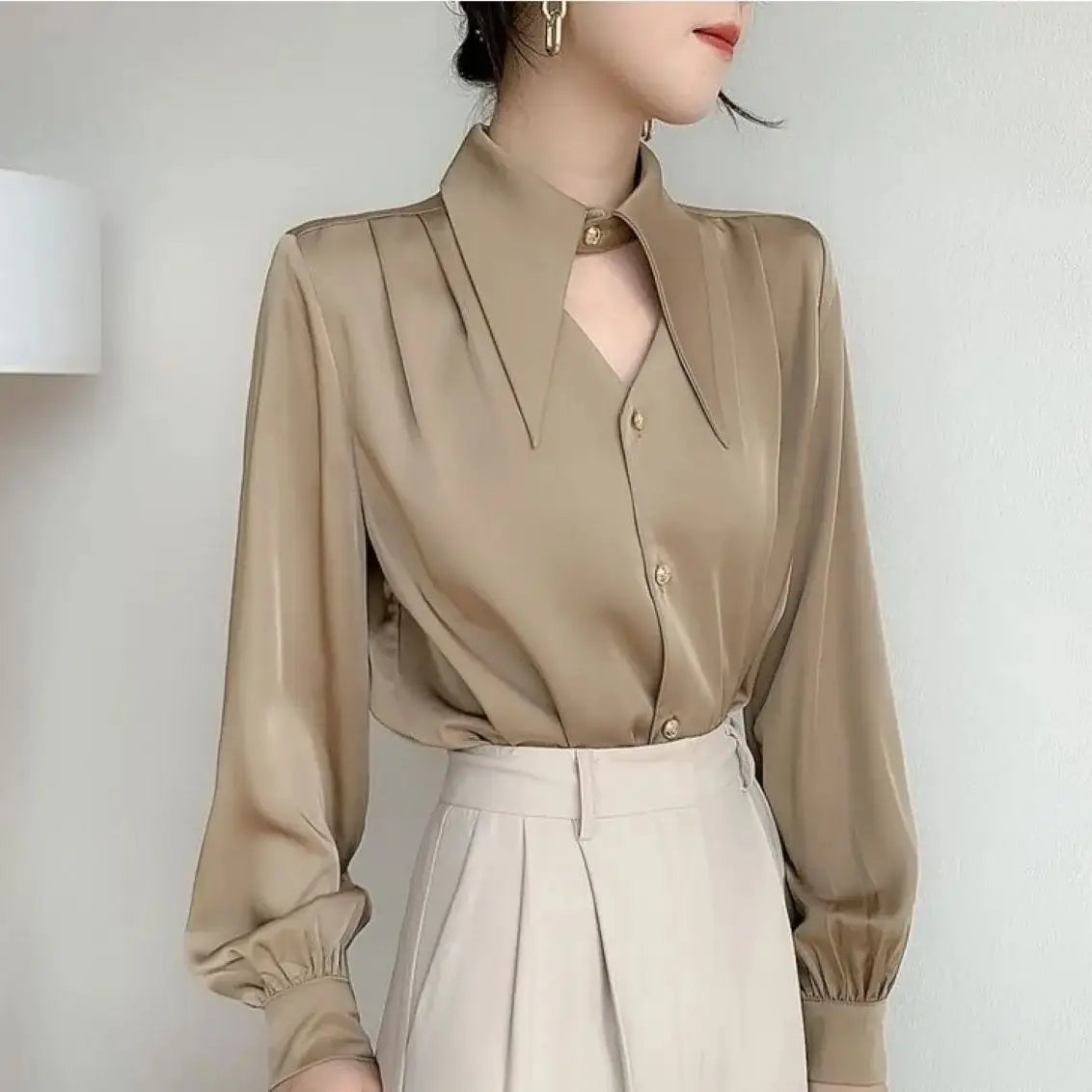 Women's Satin Korean Office Lady Blouses Top