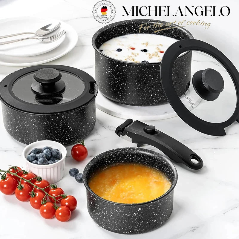 MICHELANGELO 6pcs/set Sauce Pan Set with Removable Handles 1Qt & 2 Qt & 3Qt Non Toxic Milk Pot Camping Stackable Cookware Set