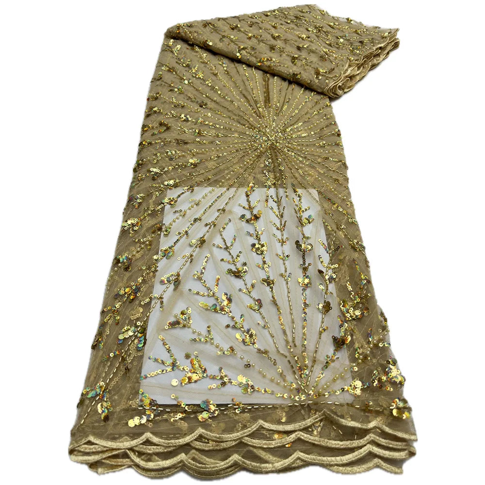 African Heavy Beaded Lace Fabric 2025 High Quality 5 Yards Nigerian Sequins Tulle 3D Fabric Material For Wedding