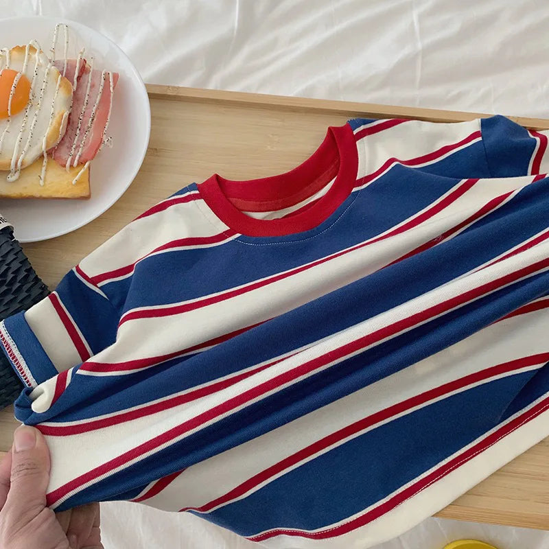 Unisex Stripe Cotton Teen Hoodie Bottoming Shirt