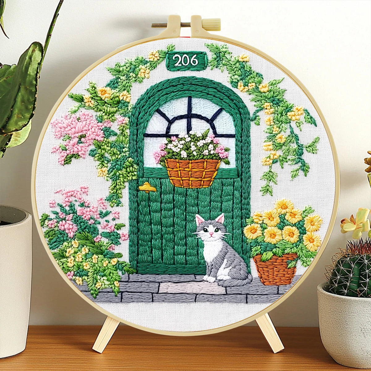Front Door Cat Embroidery Starter Kit DIY Cross Stitch Set for Beginner Printed Sewing Art Handcraft Home Decor Needle Art