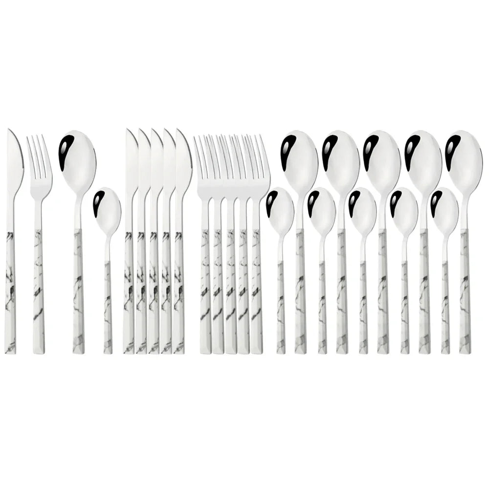 24/30Pcs Imitation Wooden Handle Dinnerware Cutlery Set Stainless Steel Tableware Western Knife Fork Spoons Silverware Flatware