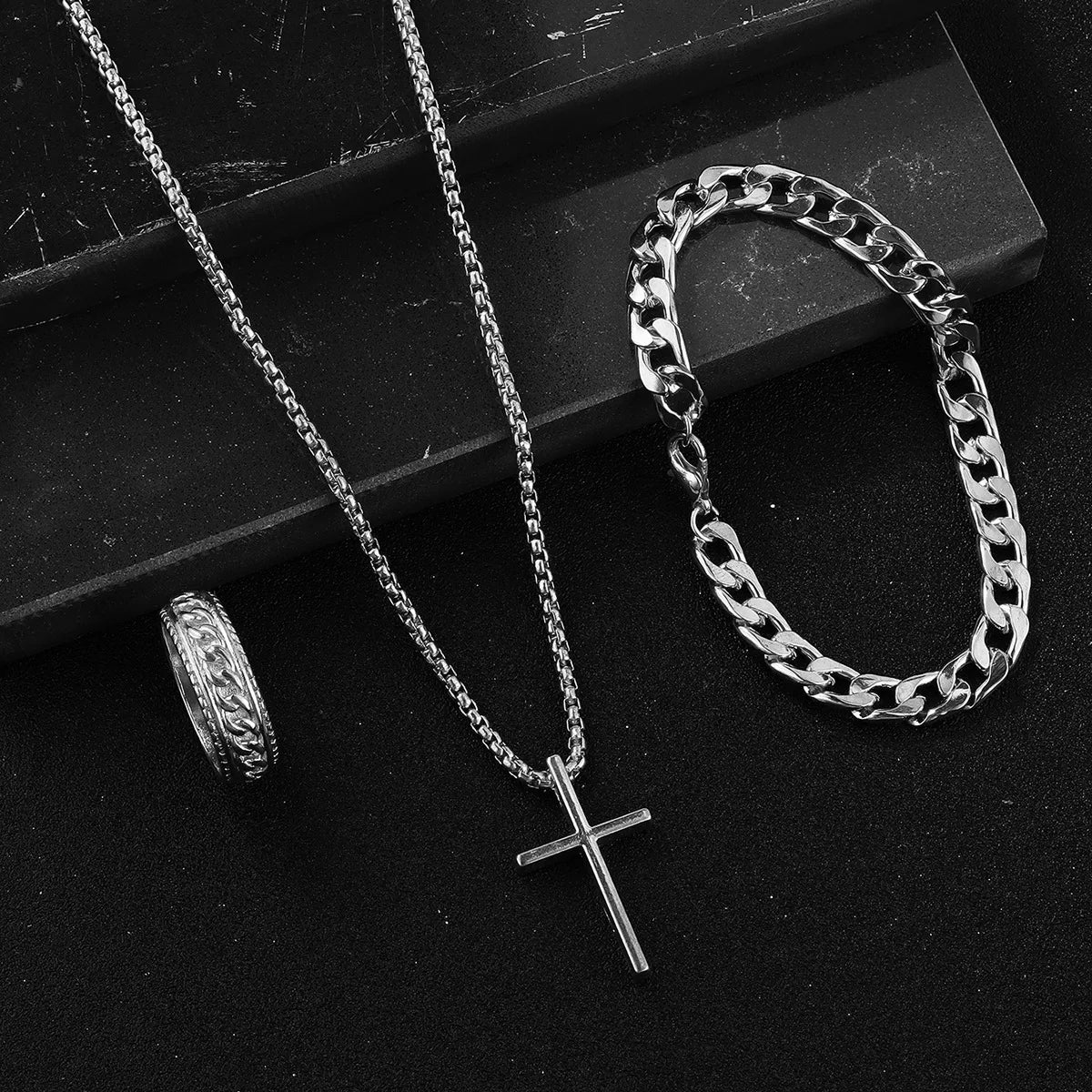 Dark Cross Block Necklace Pendant Bracelet Ring Set