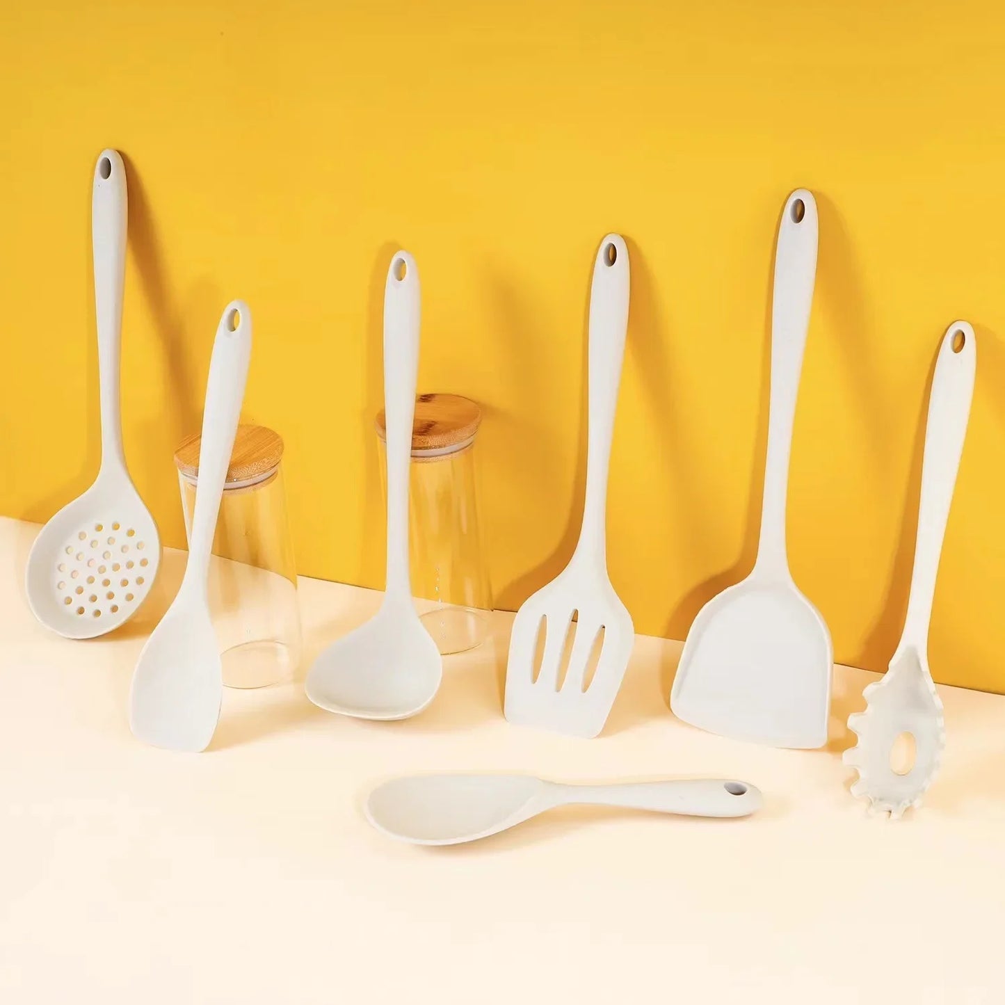 7Pcs Beige White Silicone Kitchenware Cooking Utensils Heat-resistant Spatula Turner Pasta Colander Shovel Kitchen Accessories