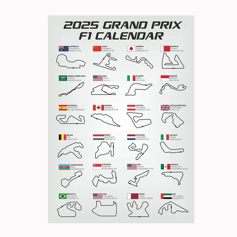 2025 F1 World Racing Track Posters Print Canvas Wall Art Sports Car Grand Prix Schedule Painting for Car Lovers Bedroom Decor