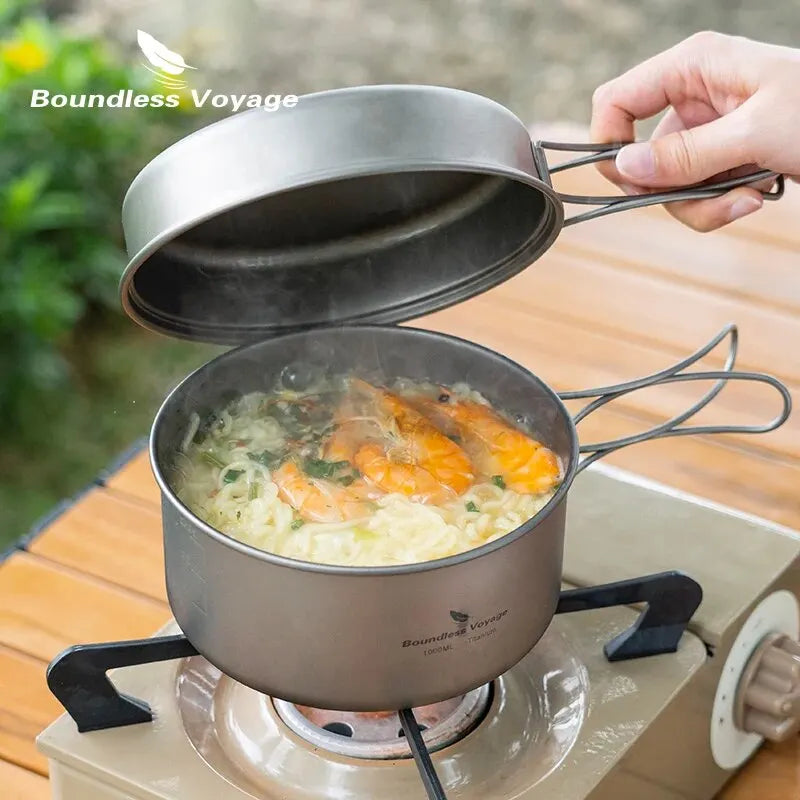 Boundless Voyage Titanium Pot Pan Set with Folding Handles Camping Cookware Hiking