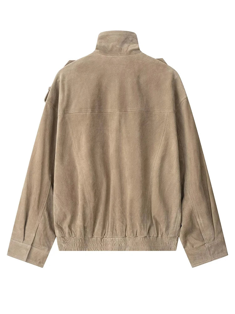 Women Suede Zipper Loose Coat