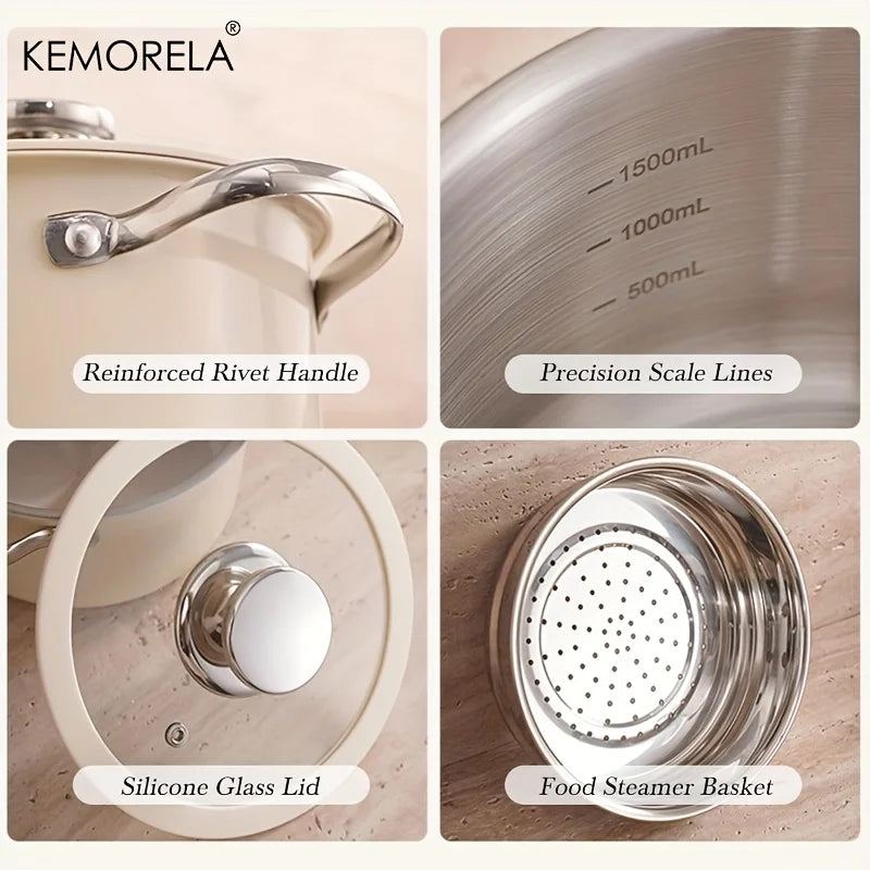 4PCS Stainless Steel Cookware Set with Glass Lid 15.5/17.7/21.5/23.8cm for Dining Room Cooking Soup Hot Pot Gas Stoves