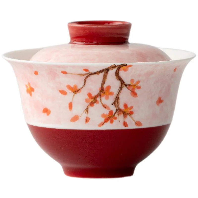 Red plum blossom hand-painted cover bowl Household brewing tea bowl Kung Fu tea set Guochao ceramic thin tire cover bowl