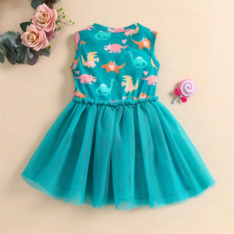 Casual Dinosaur Print Gauze Princess Dresses